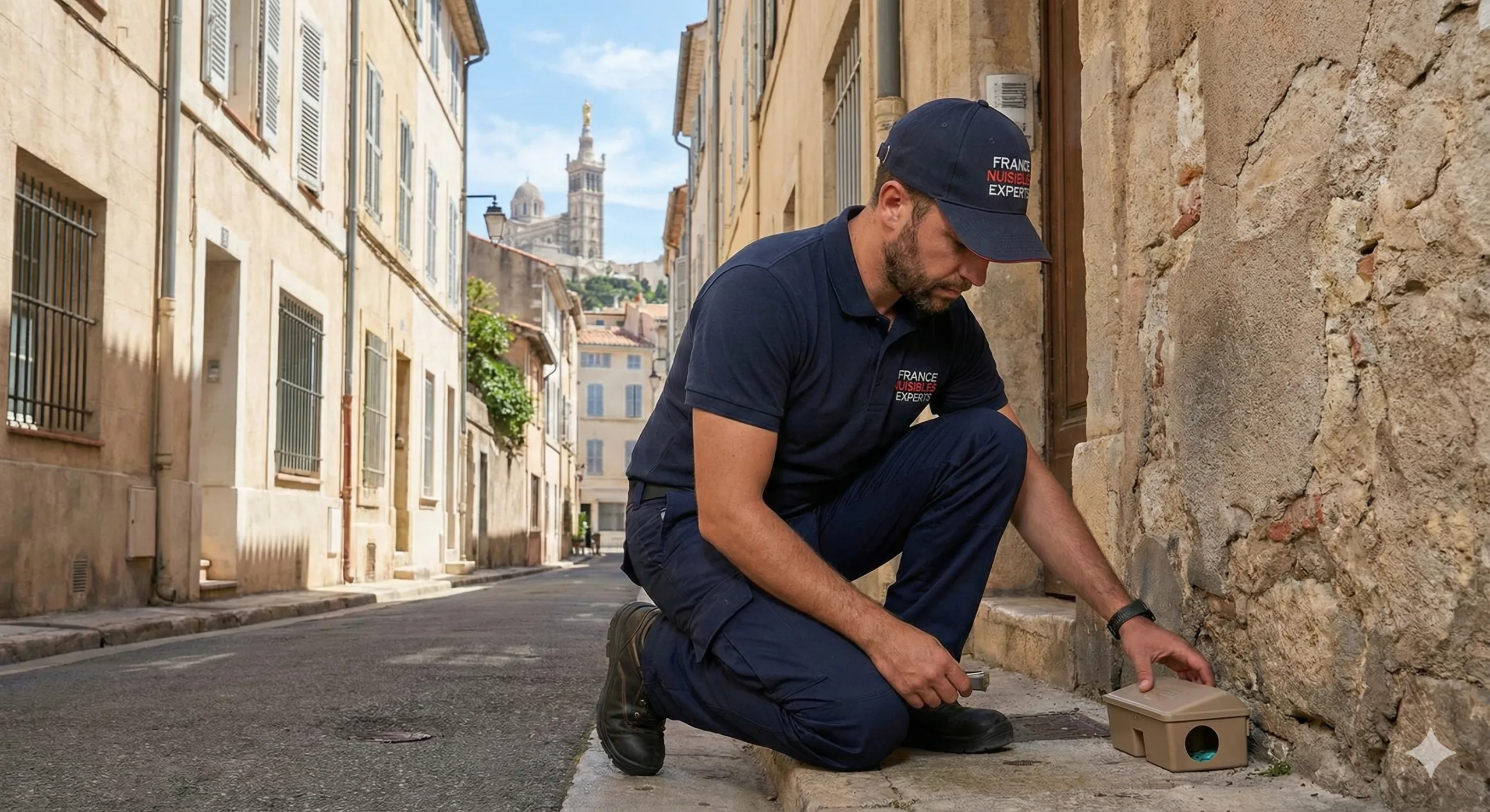 Technicien France Nuisibles Experts en intervention de dératisation à Marseille avec Notre-Dame de la Garde en fond